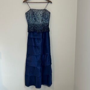 NWOT Jovani Size 12 Navy Blue Sequin Gown – Tiered Organza Skirt, Formal Dress